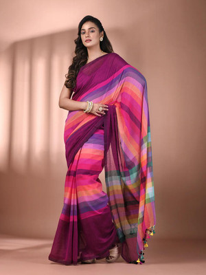 DRAPERIA Solid/Plain Handloom Cotton Blend Saree(Magenta, Multicolor)