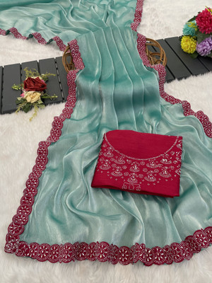 HouseOfCommon Embellished, Solid/Plain Bollywood Silk Blend Saree(Light Blue)