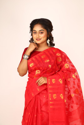 MA TARA TEXTILES ROHIT Floral Print Handloom Cotton Blend Saree(Red)