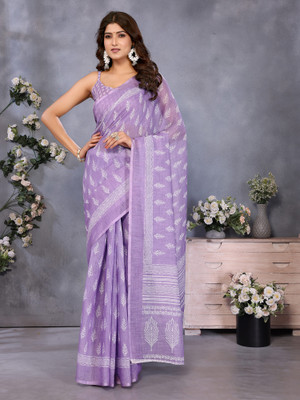 Elora Printed Pre Draped Saree Linen Saree(Purple)