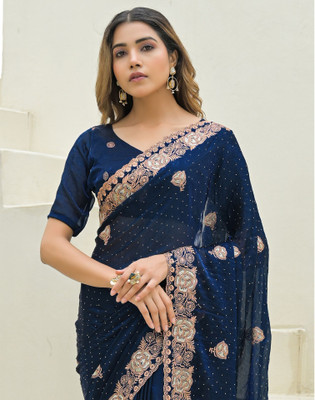 Satrani Embroidered, Embellished Bollywood Jimmy choo, Chiffon Saree(Blue)