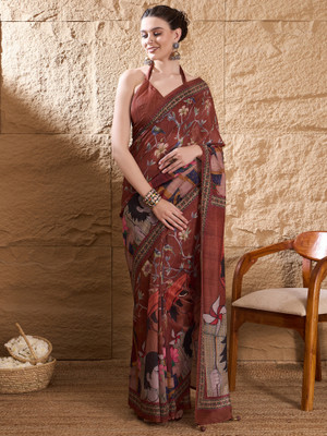 Tasrika Printed Daily Wear Silk Blend Saree(Brown)