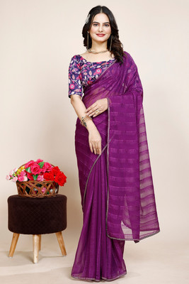 SAADHYA CREATION Embroidered, Solid/Plain Bollywood Chiffon Saree(Purple)
