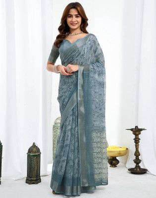 Satrani Floral Print, Geometric Print, Embellished Bollywood Linen Saree(Grey)