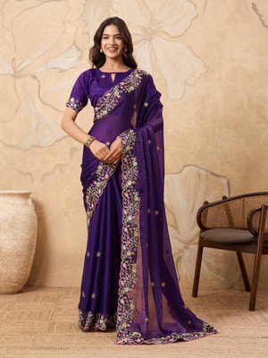 SARETRA MALL Embroidered, Embellished, Floral Print Bollywood Tissue, Organza Saree(Purple)