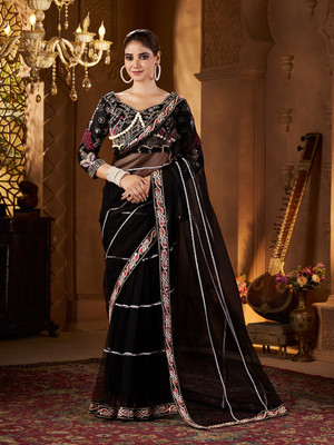 Divastri Embroidered Bollywood Net Saree(Black)