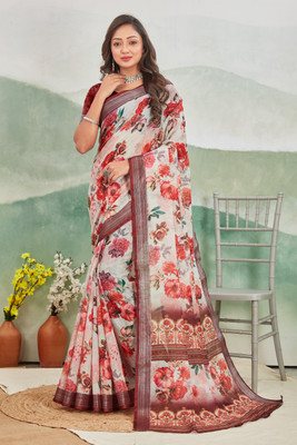 JERAVI Enterprise Digital Print Mysore Cotton Linen Saree(White, Maroon)