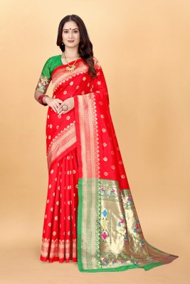 VARNI FABRICS Woven Paithani Silk Blend Saree(Red)