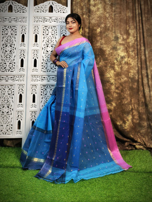 REBASAREECENTRE Solid/Plain, Woven Tant Pure Cotton Saree(Multicolor)