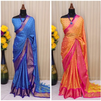 WINKLECART Woven Mysore Jacquard, Cotton Silk Saree(Pack of 2, Light Blue, Yellow)