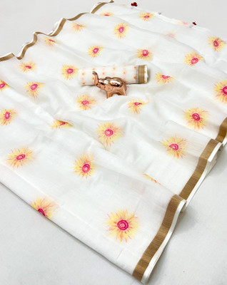 SDGRATITUDE Printed, Digital Print, Floral Print Daily Wear Cotton Linen, Linen Saree(White)