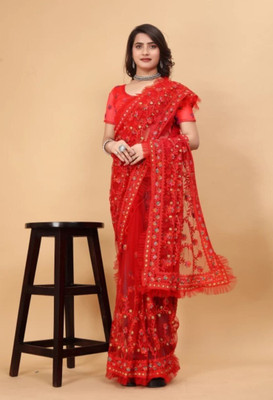 NIYANTAKSH Embroidered Bollywood Net Saree(Red)