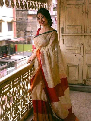 Bhadra Shopping Store Woven Handloom Cotton Jute Saree(Cream)