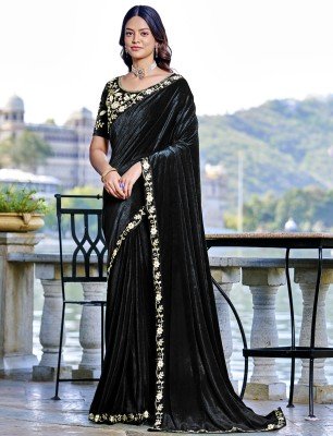 Sinauli Solid/Plain, Embellished Bollywood Velvet, Cotton Silk Saree(Black)