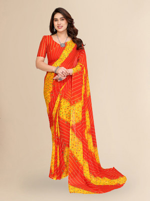 Anand Sarees Striped, Paisley, Printed Bandhani Georgette Saree(Yellow, Orange)