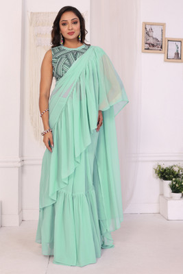 PATLANI STYLE Embroidered Pre Draped Saree Georgette Saree(Light Green)