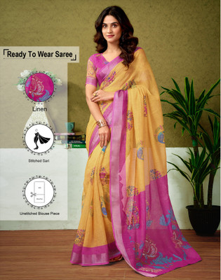 Satrani Floral Print, Printed, Embellished Bollywood Linen Saree(Yellow, Pink)