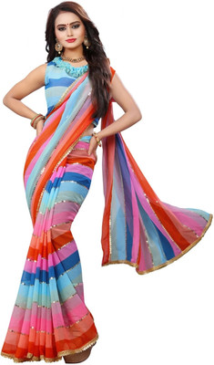 GAVUBAA Printed, Digital Print, Striped Bollywood Georgette Saree(Multicolor)