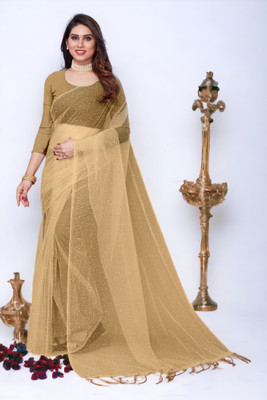 BHAGWATI ART Dyed Bollywood Net Saree(Cream)