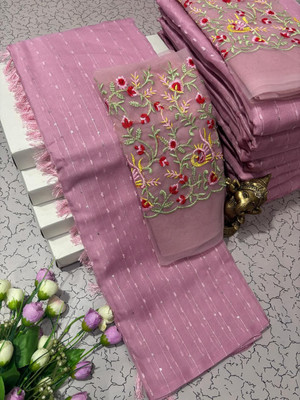 Pfancy silk Striped, Embroidered, Floral Print Kanjivaram Polyester Saree(Pink)
