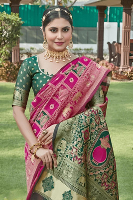 ANIRAV Woven Kanjivaram Art Silk Saree(Pink, Green)