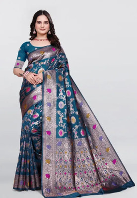 Vasudev Floral Print Banarasi Silk Blend Saree(Magenta)