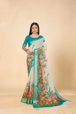 Rachna Printed Daily Wear Linen Saree(Multicolor)
