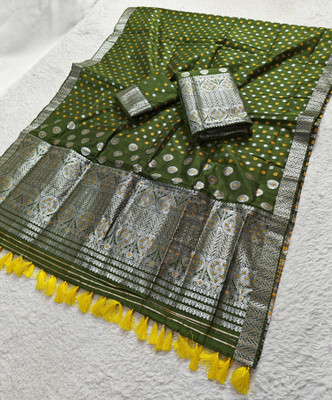 Skiran's Woven Mekhela Chador Cotton Blend Saree(Dark Green)