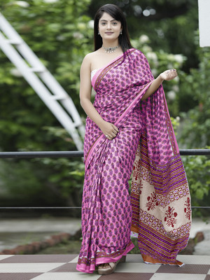 Tasrika Printed Daily Wear Cotton Blend Saree(Pink)