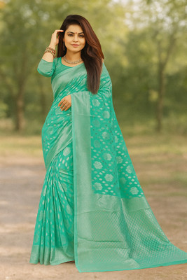 Samai Printed Banarasi Cotton Blend Saree(Light Blue)