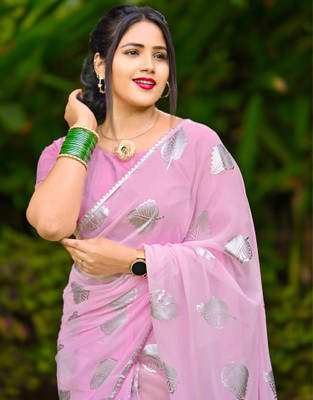 Samah Printed, Embellished Bollywood Georgette, Chiffon Saree(Pink, Silver)