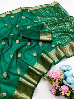 DHARM CREATION Solid/Plain Banarasi Organza Saree(Green)