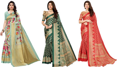 YASHIKA Printed Bhagalpuri Art Silk Saree(Pack of 3, Light Green, Dark Green, Red)