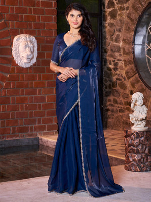 Sareemall Solid/Plain Bollywood Satin Saree(Dark Blue)