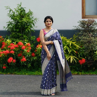 KRIYANSH Self Design, Embellished, Woven Banarasi Jacquard Saree(Dark Blue, Blue)
