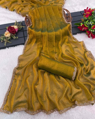 Sundhaji Trends Solid/Plain, Temple Border, Embellished Bollywood Chiffon, Tissue Saree(Yellow)