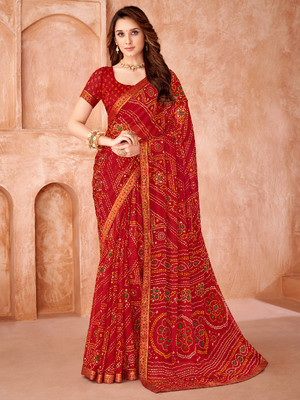 Sangria Printed Bandhani Chiffon Saree(Red)
