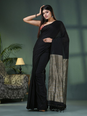 ONLINE HANDLOOM BAZAR Solid/Plain Handloom Cotton Blend Saree(Black)
