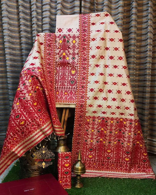 Garbguru Woven Mekhela Chador Pure Silk Saree(Cream)