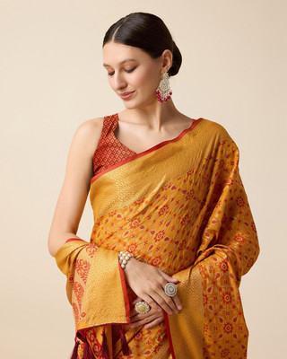 Verviza Woven, Embellished Patola Pure Silk Saree(Mustard)