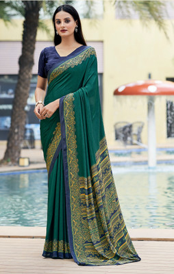 REBOOT FASHIONS Digital Print Handloom Crepe, Silk Blend Saree(Green)