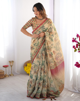 Satrani Floral Print, Woven, Embellished Kalamkari Linen Saree(Beige)