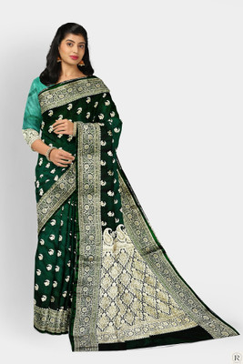 HouseOfCommon Woven Banarasi Satin Saree(Dark Green)