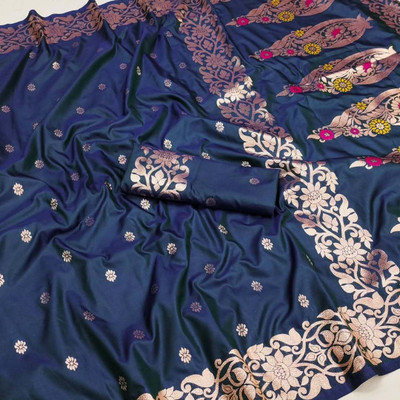 Crystalwaves Embellished, Solid/Plain Banarasi Art Silk, Jacquard Saree(Dark Blue)