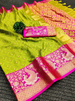 KRIYANSH Woven Banarasi Cotton Blend, Jacquard Saree(Light Green)