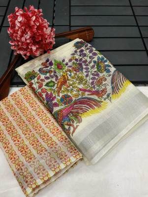 Saaransh Floral Print Kanjivaram Linen, Cotton Silk Saree(Cream)