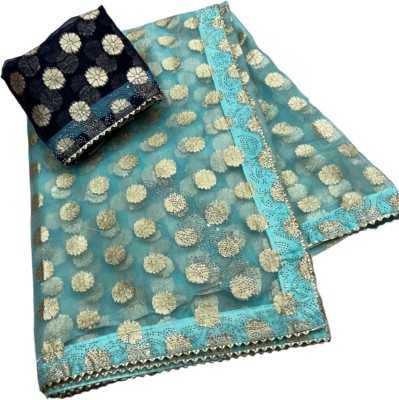 MSC TRENDLINE SAREES Woven, Floral Print, Self Design Bollywood Organza, Silk Blend Saree(Light Blue)