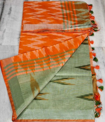 Amrit Handloom Self Design Ikkat Cotton Blend Saree(Orange)