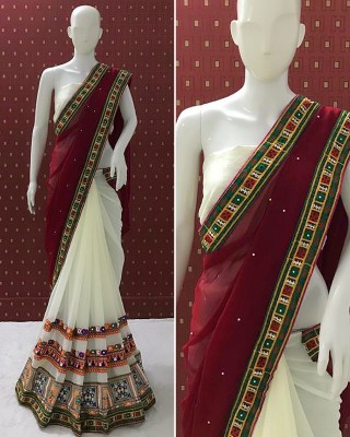 Divastri Self Design, Embroidered Bollywood Georgette, Jacquard Saree(Maroon, White)