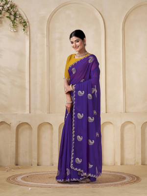 LAJEELEE Embroidered Bollywood Silk Blend Saree(Blue)